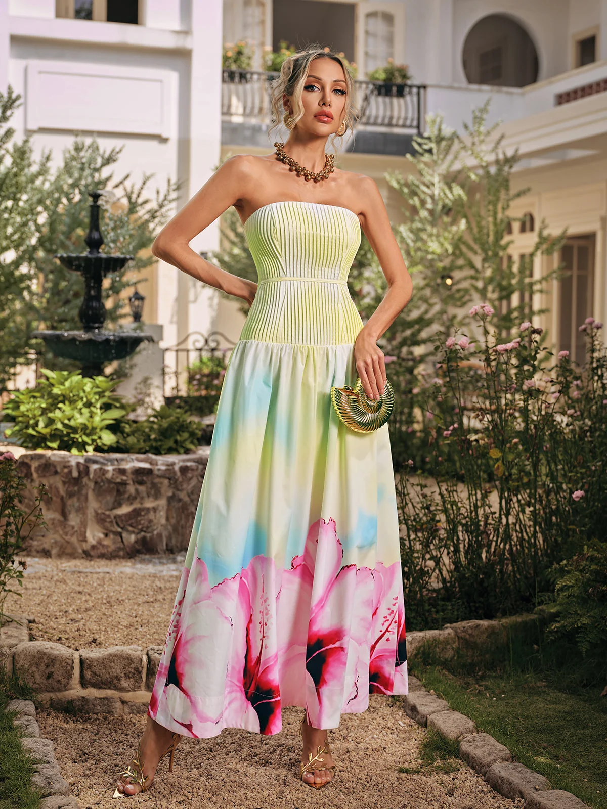 Strapless Floral Pleated Maxi Dress in Yellow | Li Fu