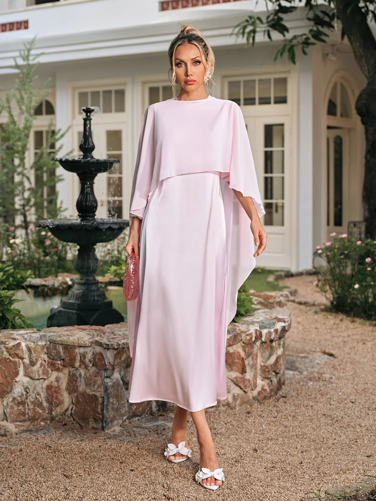 Satin Shawl Midi Dress - Elegant Silhouette Draping