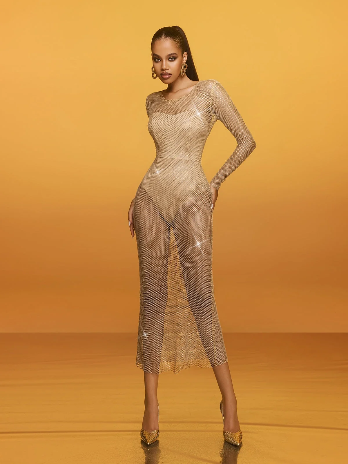 Rhinestone Mesh Bodysuit Set - Elegant & Sparkling Womens Outfit