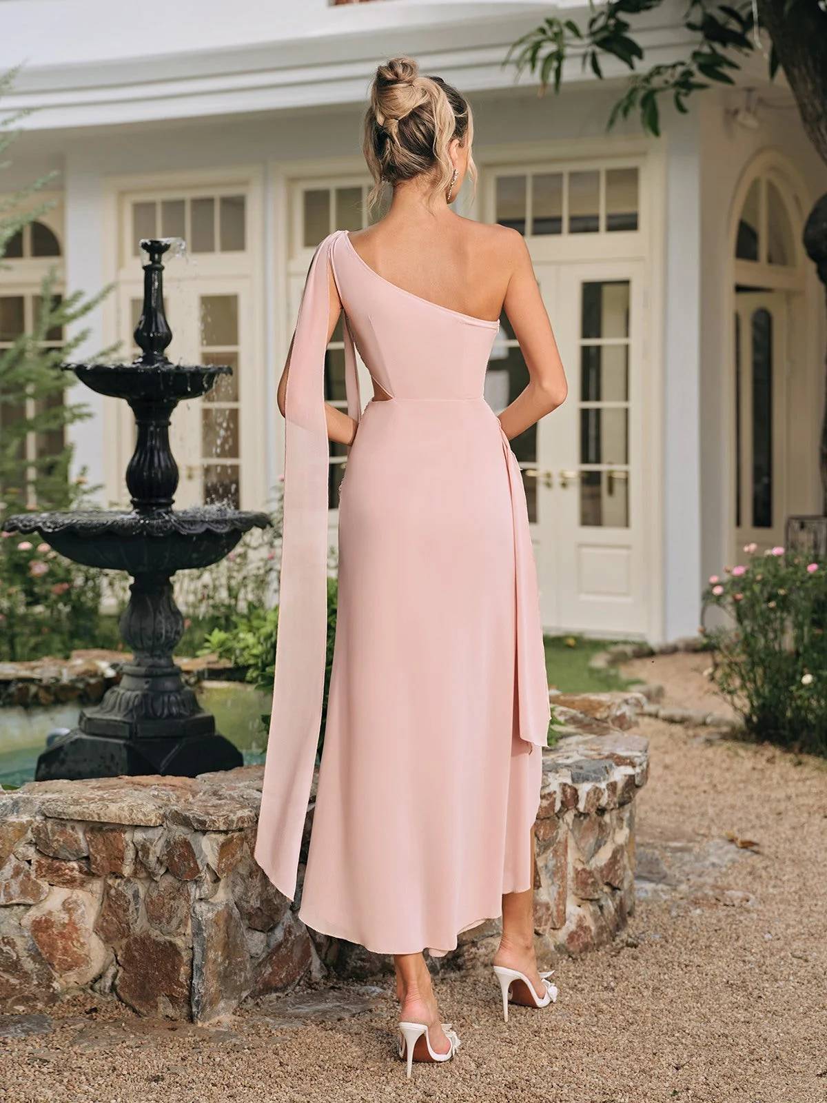 Pink Ruched One-Shoulder Midi Dress - Elegant Occasion Wear