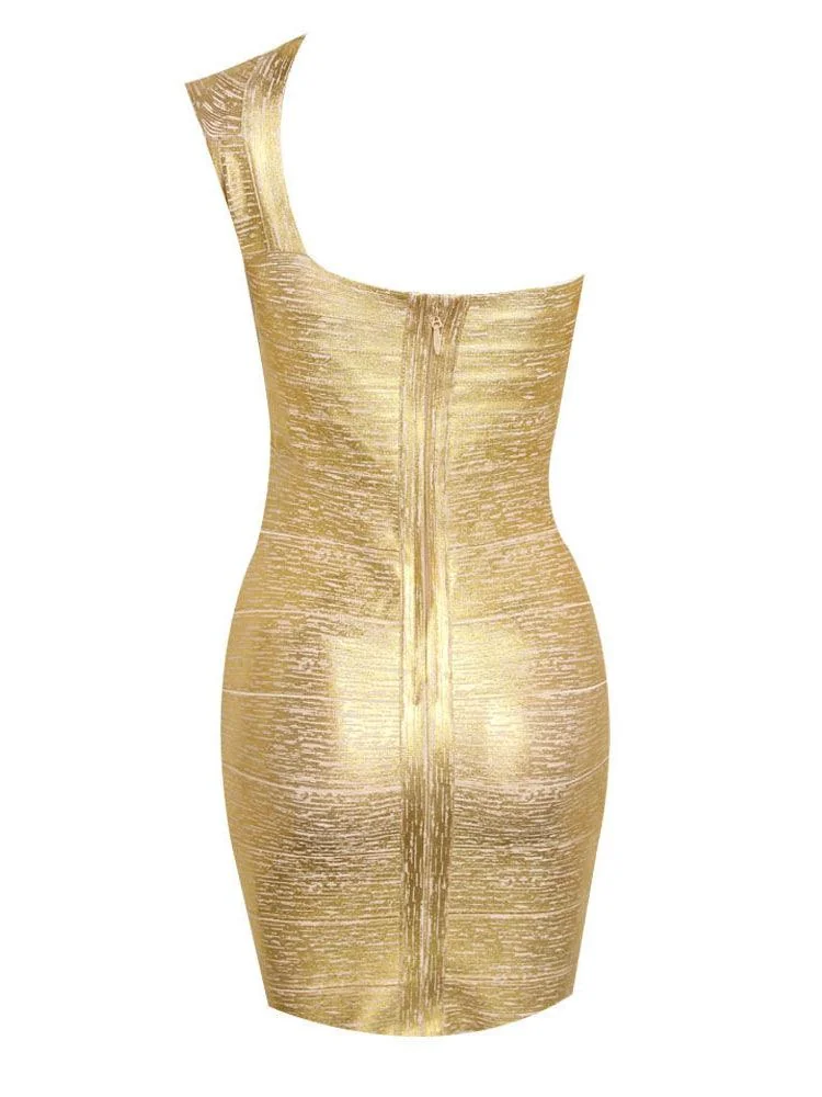 Gold Foil One Shoulder Bandage Mini Dress