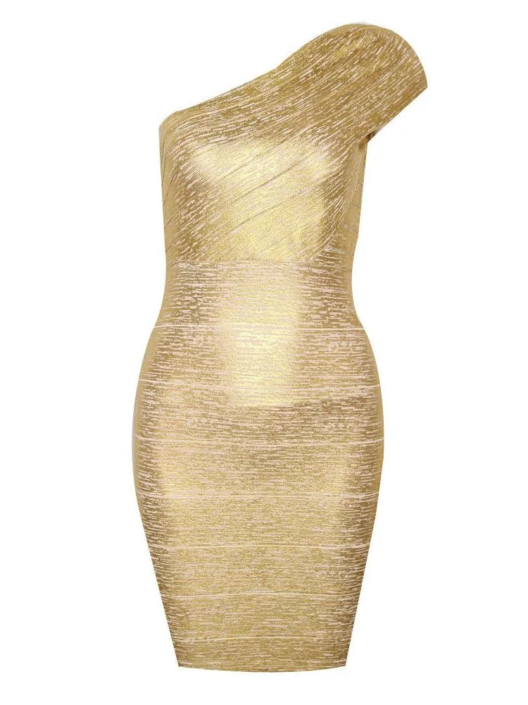 Gold Foil One Shoulder Bandage Mini Dress