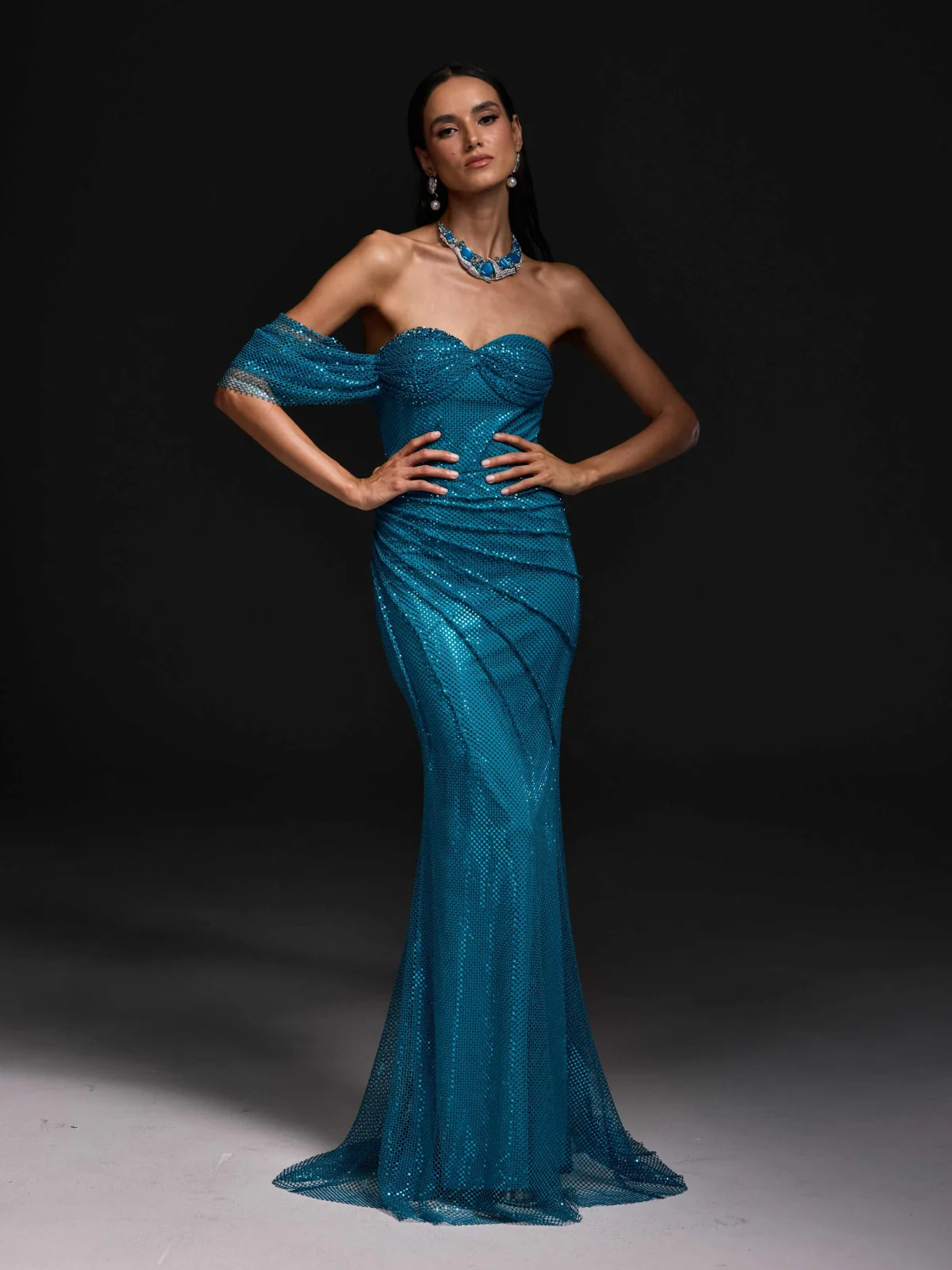 Sparkling One Shoulder Mesh Maxi Dress