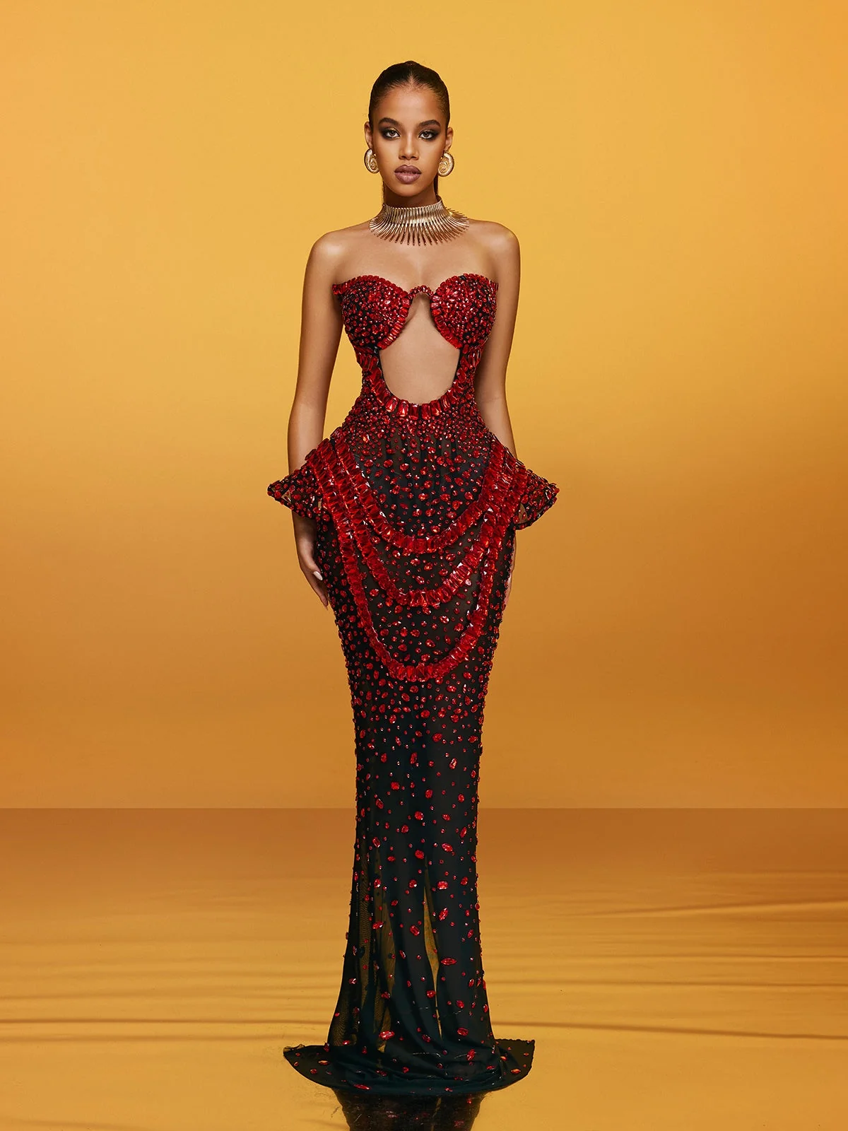 Elegant Crystal Embellished Strapless Maxi Dress