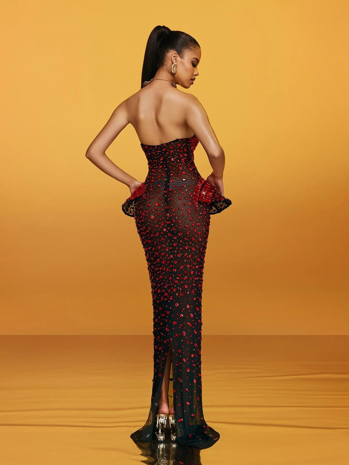 Elegant Crystal Embellished Strapless Maxi Dress