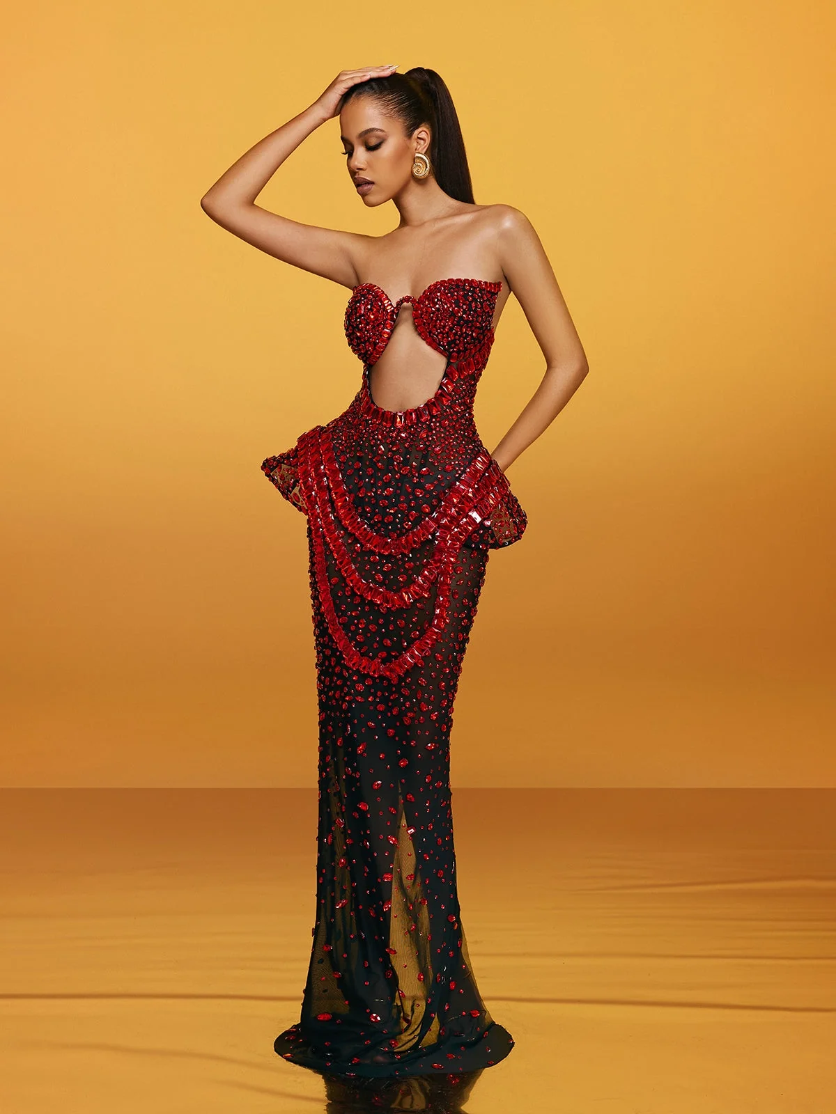 Elegant Crystal Embellished Strapless Maxi Dress