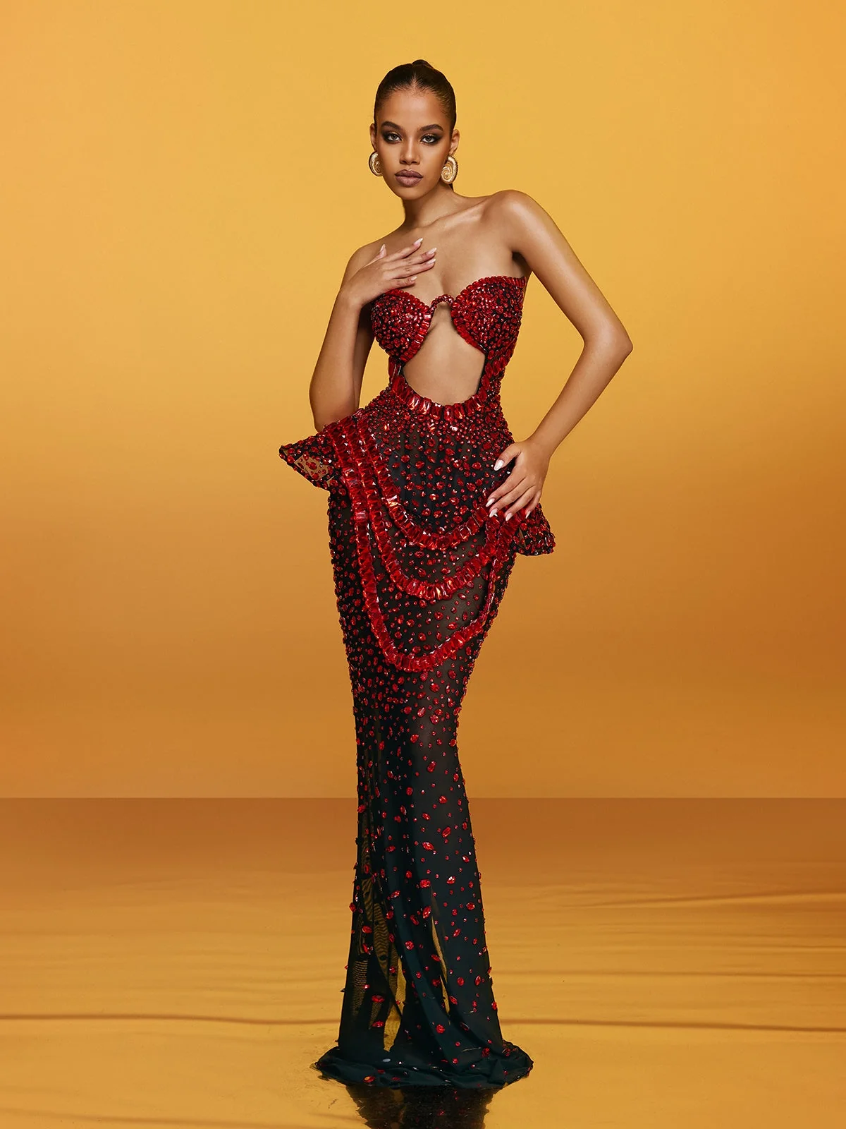 Elegant Crystal Embellished Strapless Maxi Dress