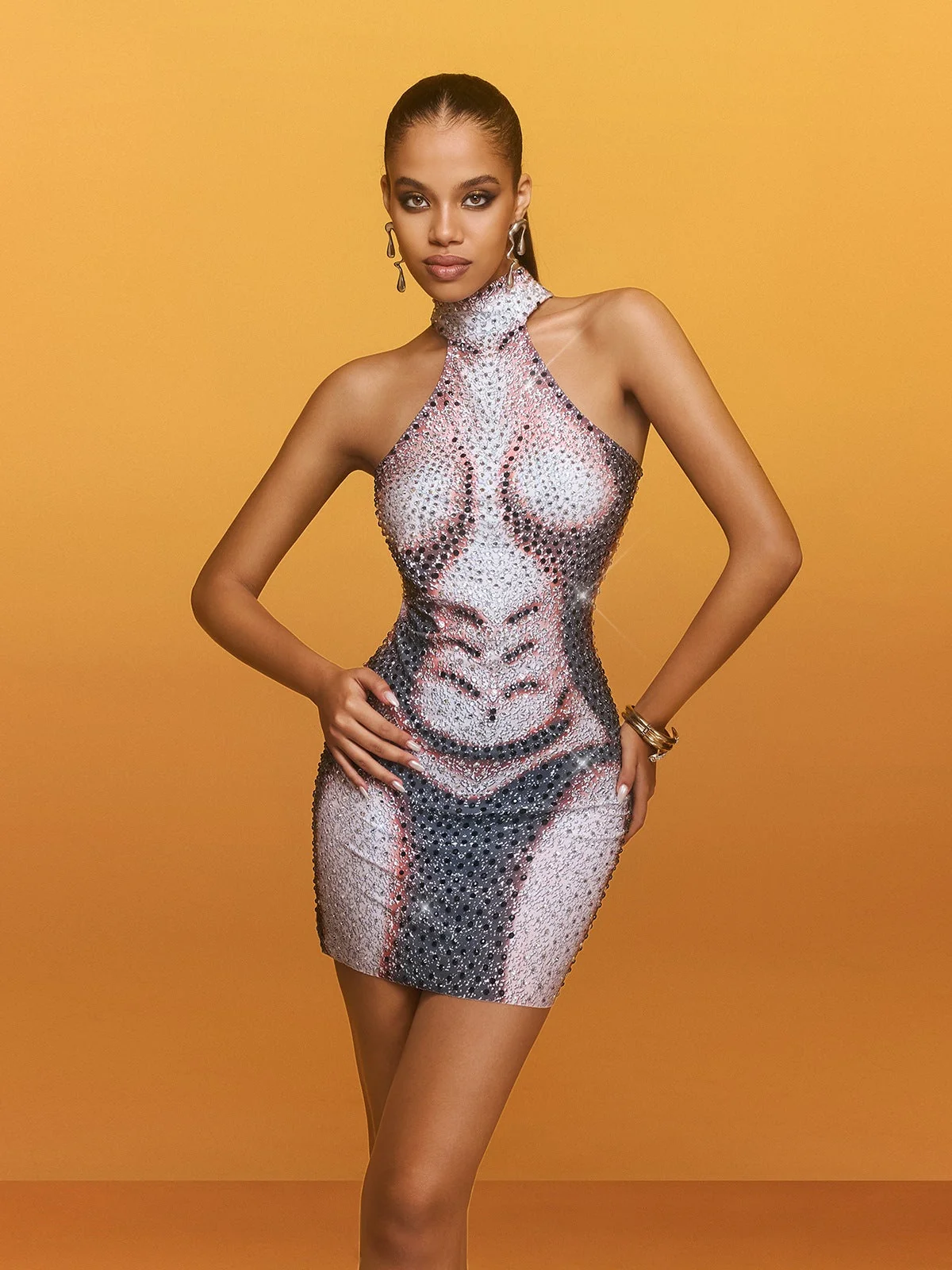 Sparkling Rhinestone Halter Mini Dress