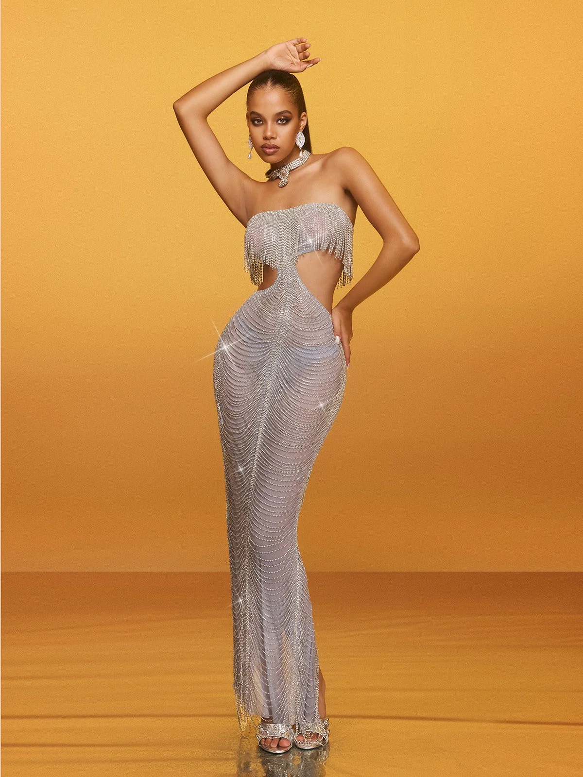 Elegant Strapless Fringe Maxi Dress