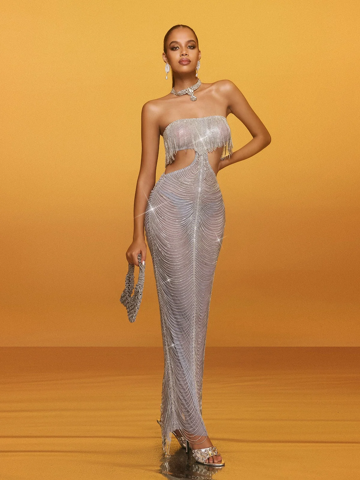 Elegant Strapless Fringe Maxi Dress