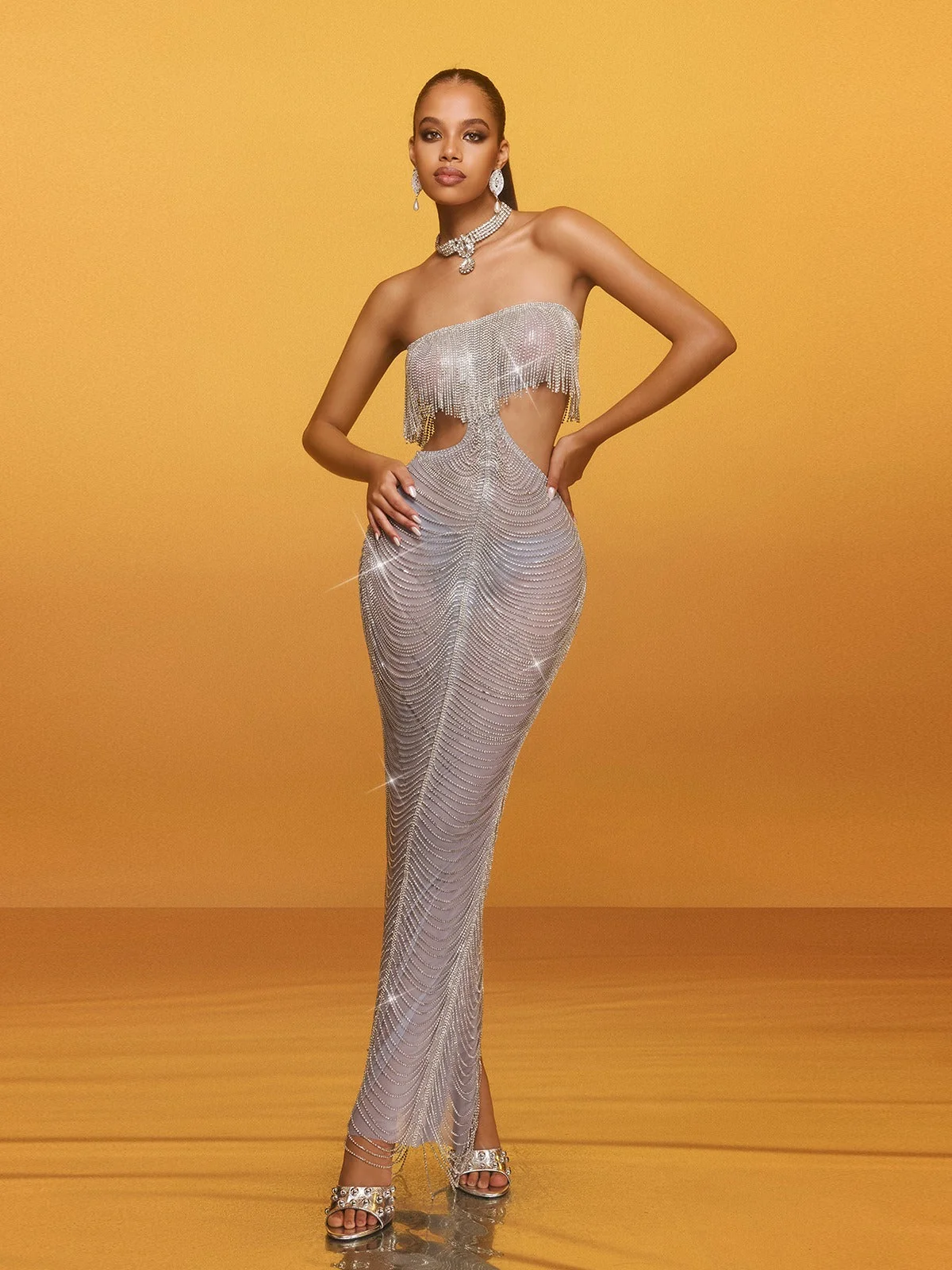 Elegant Strapless Fringe Maxi Dress