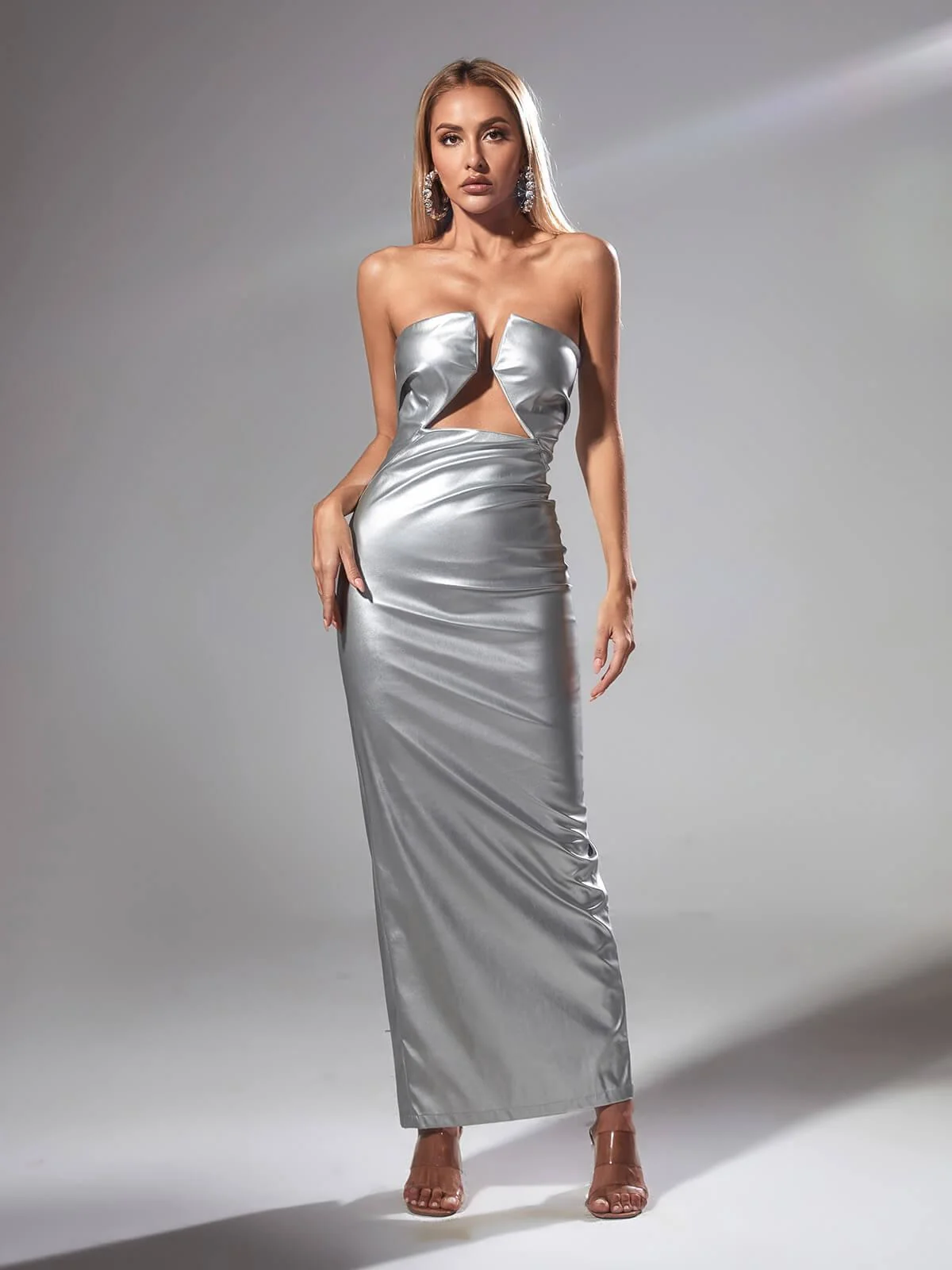 Silver Strapless Leather Maxi Dress - Elegant Special Occasion Wear