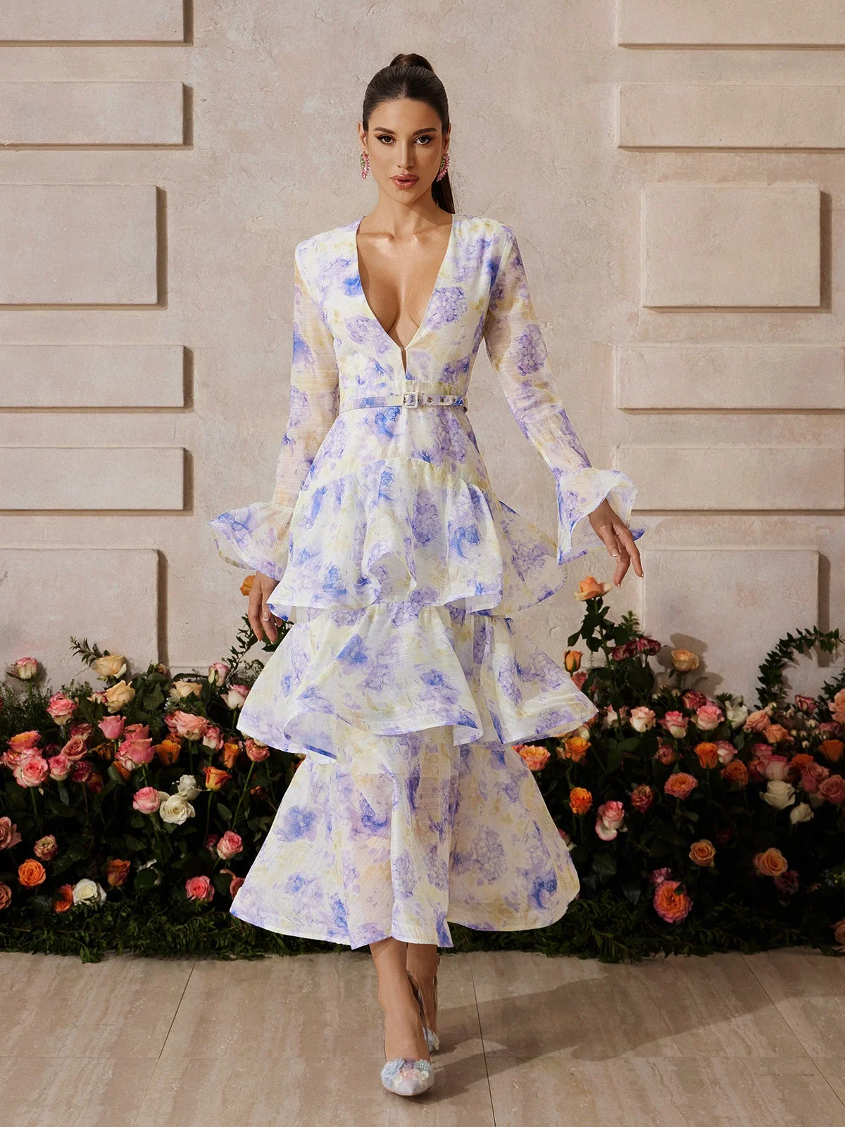 White Floral Tiered Maxi Dress for Women