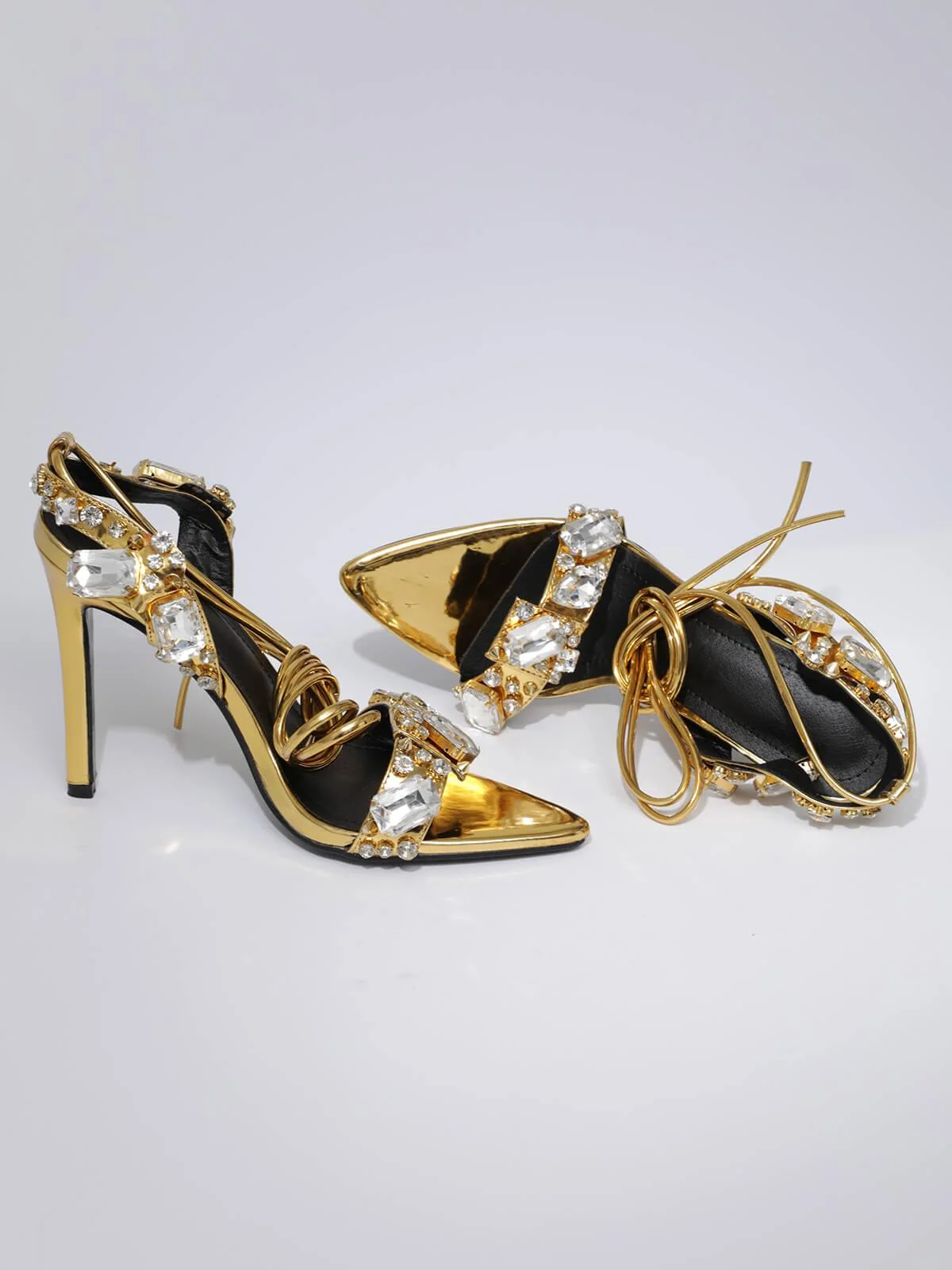 Gold Crystal Lace-Up Stiletto Heels for Women