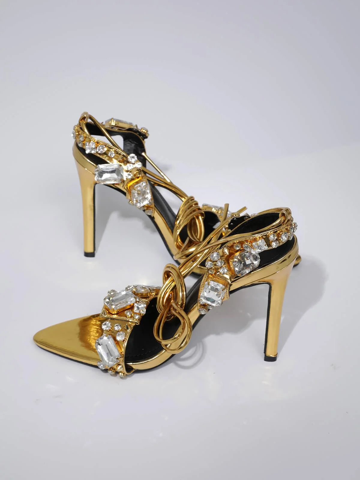 Gold Crystal Lace-Up Stiletto Heels for Women