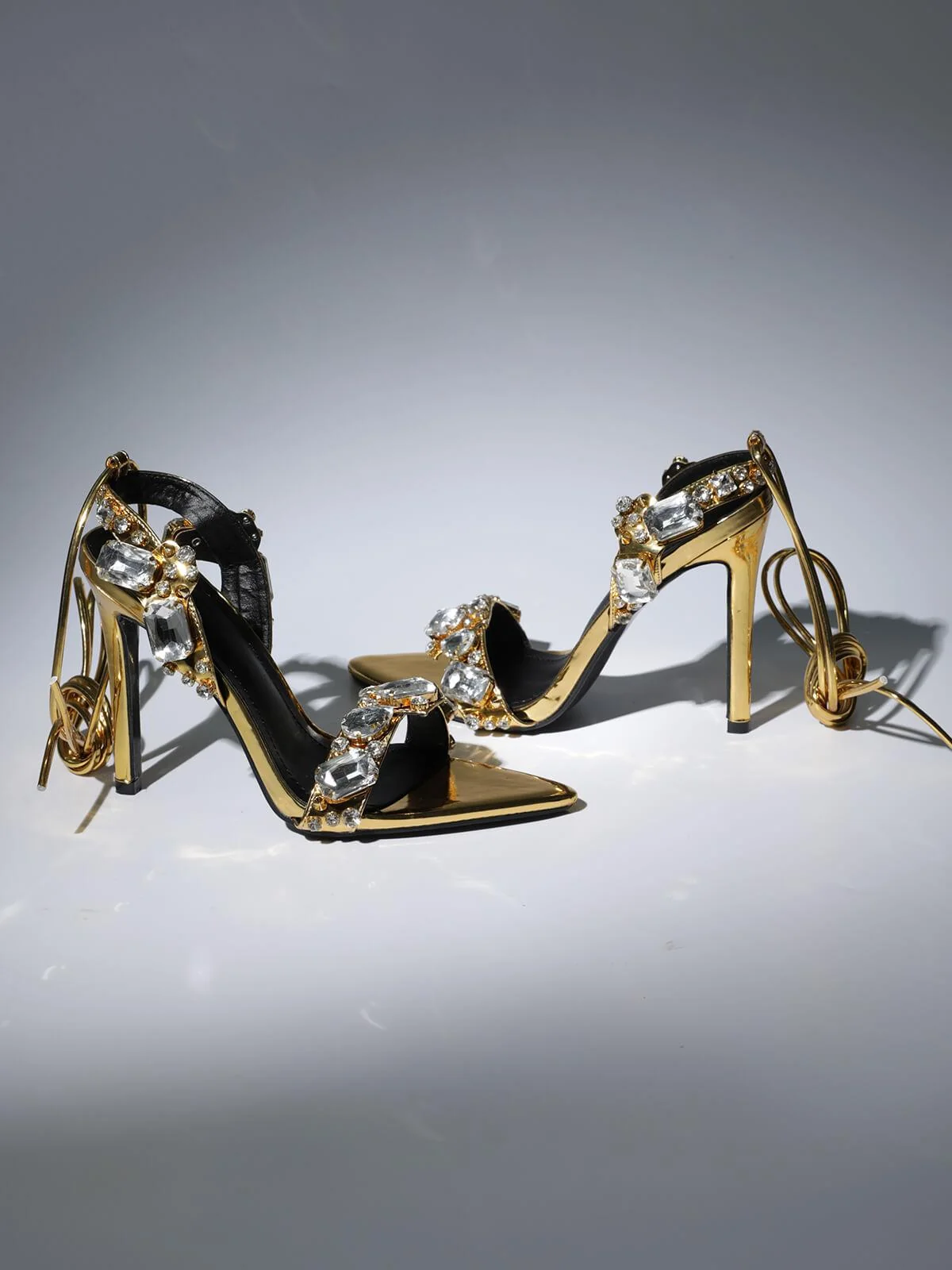 Gold Crystal Lace-Up Stiletto Heels for Women