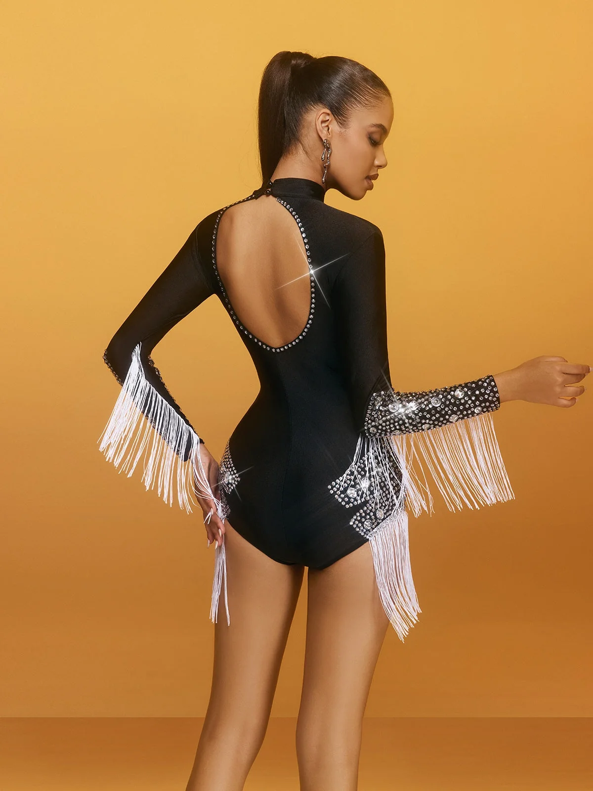 Black Rhinestone Fringe Bodysuit - Glamorous Cutout Design