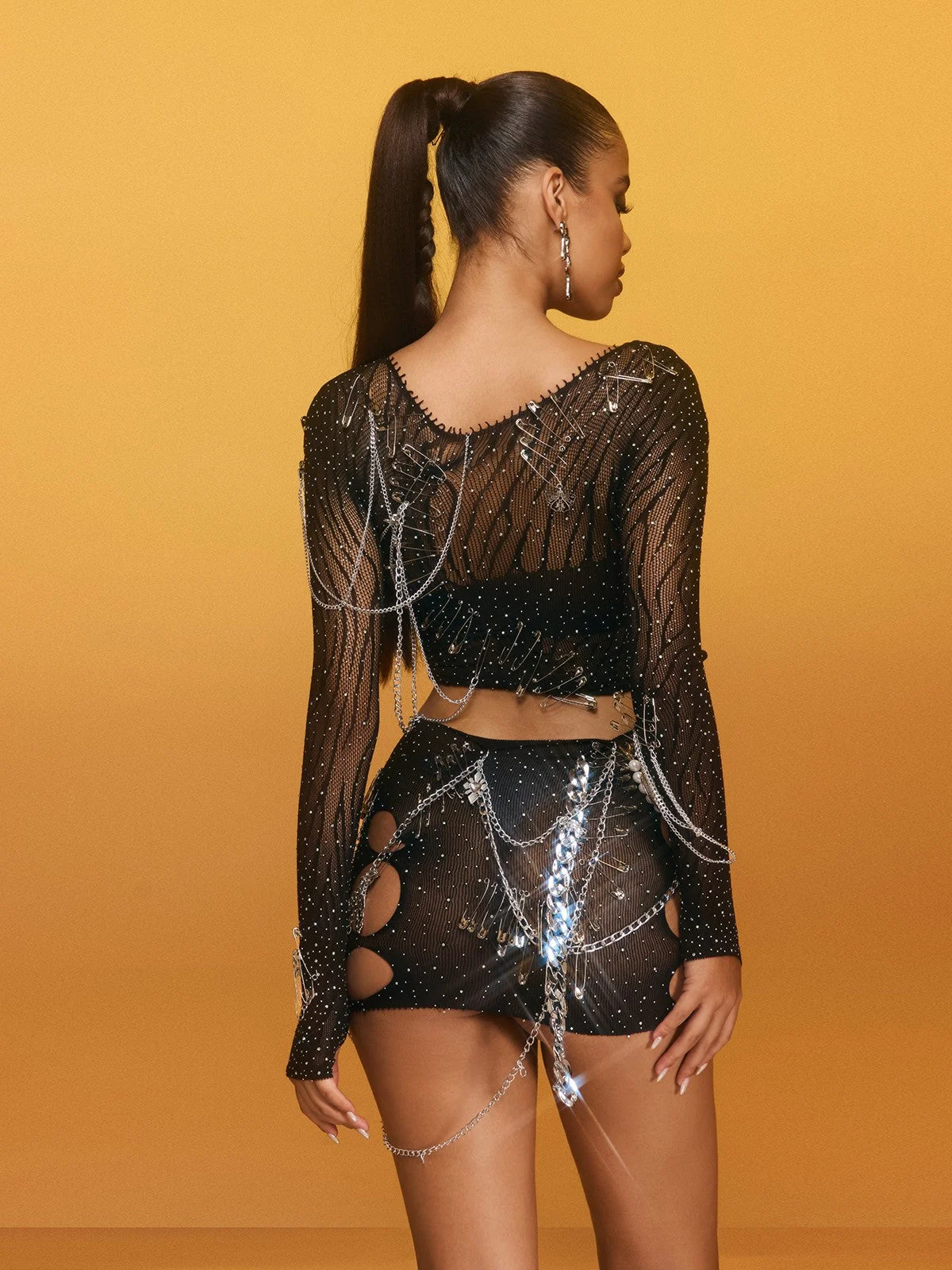 Chain Rhinestone Black Skirt Set - Glamorous Night Out Ensemble