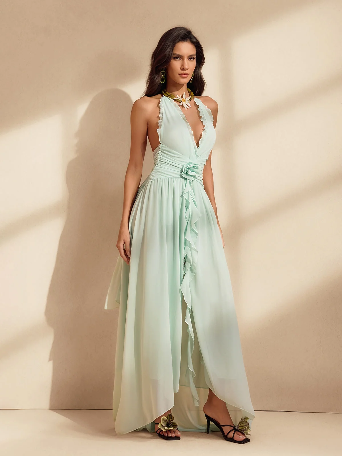 Mint Halterneck Ruffle Maxi Dress - Elegant Floral Sleeveless Attire