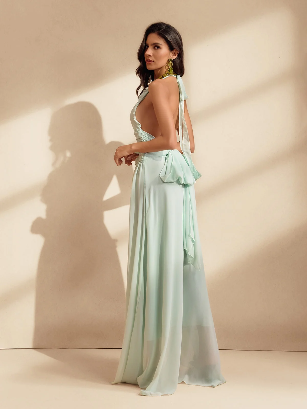 Mint Halterneck Ruffle Maxi Dress - Elegant Floral Sleeveless Attire