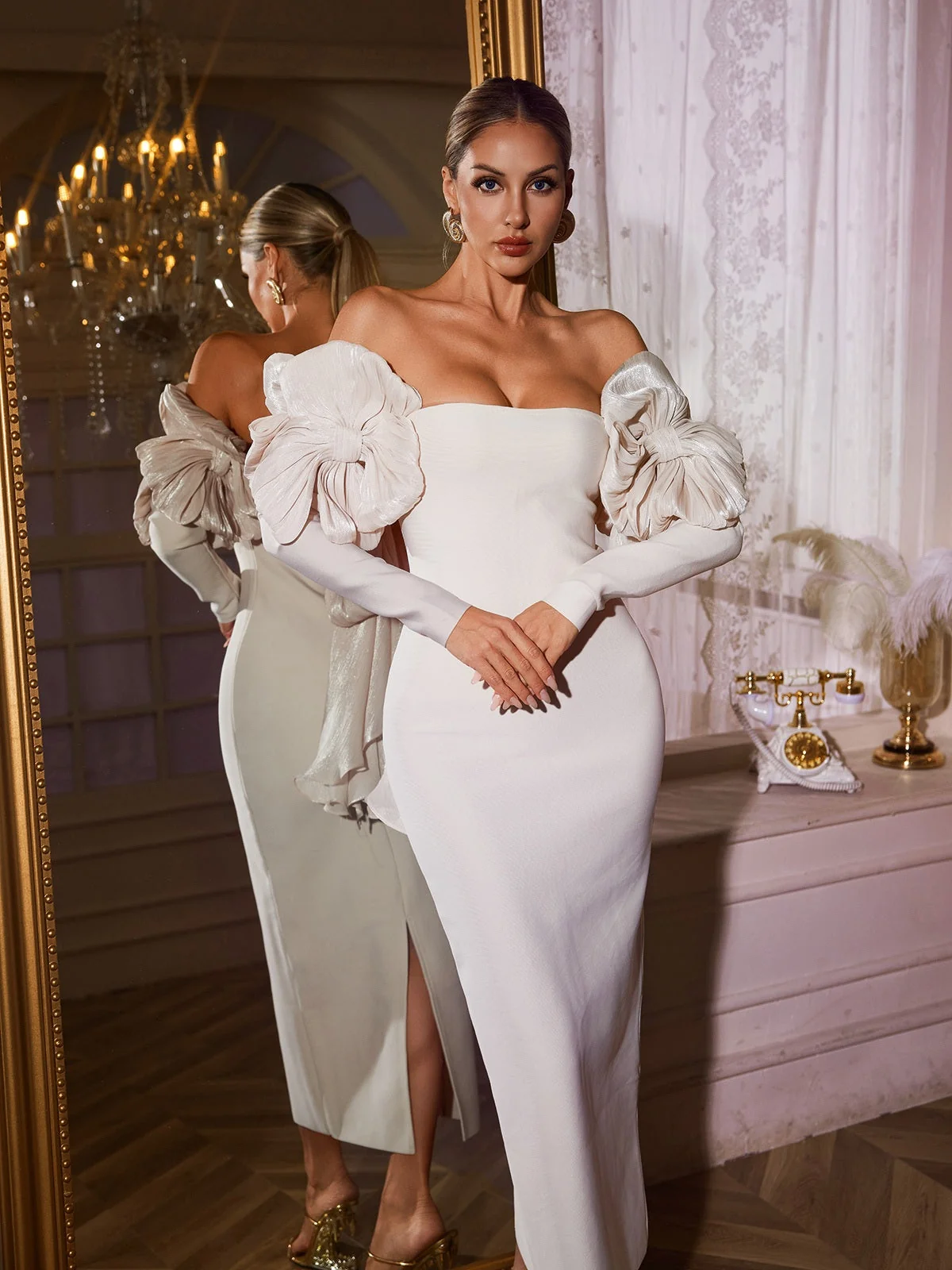 White Off Shoulder Floral Bandage Midi Dress