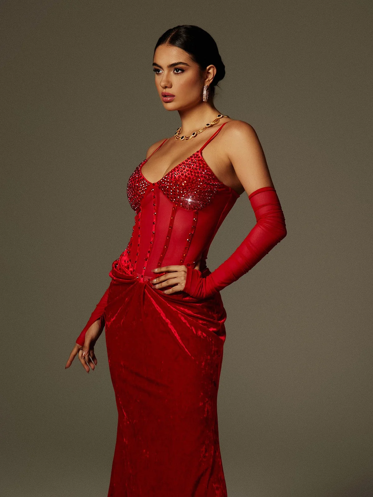 Rhinestone Ruched Velvet Maxi Dress - Elegant Formal Wear