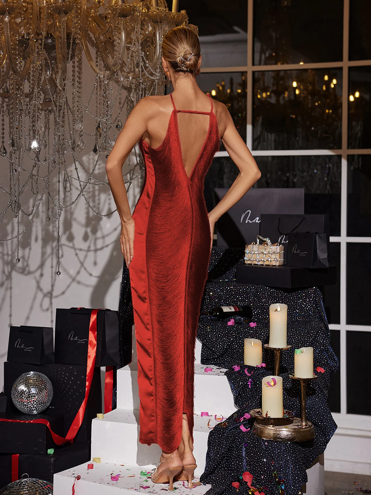 Rust Red Halterneck Fringe Maxi Dress - Elegant Bronze Evening Gown