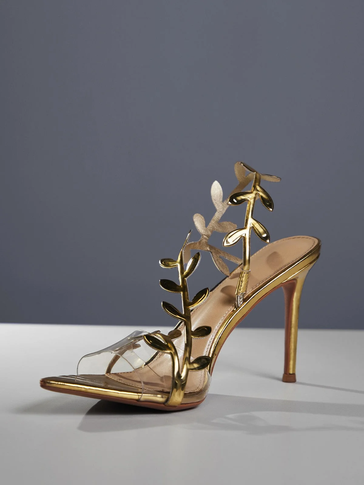 Gold Leafy Stiletto Heel Sandals - Womens Fashion Shoes