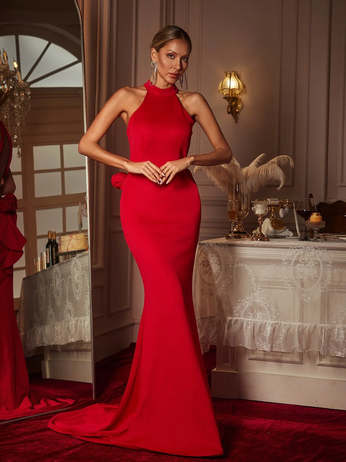 Elegant Halterneck Floral Maxi Dress - Red Party Dress