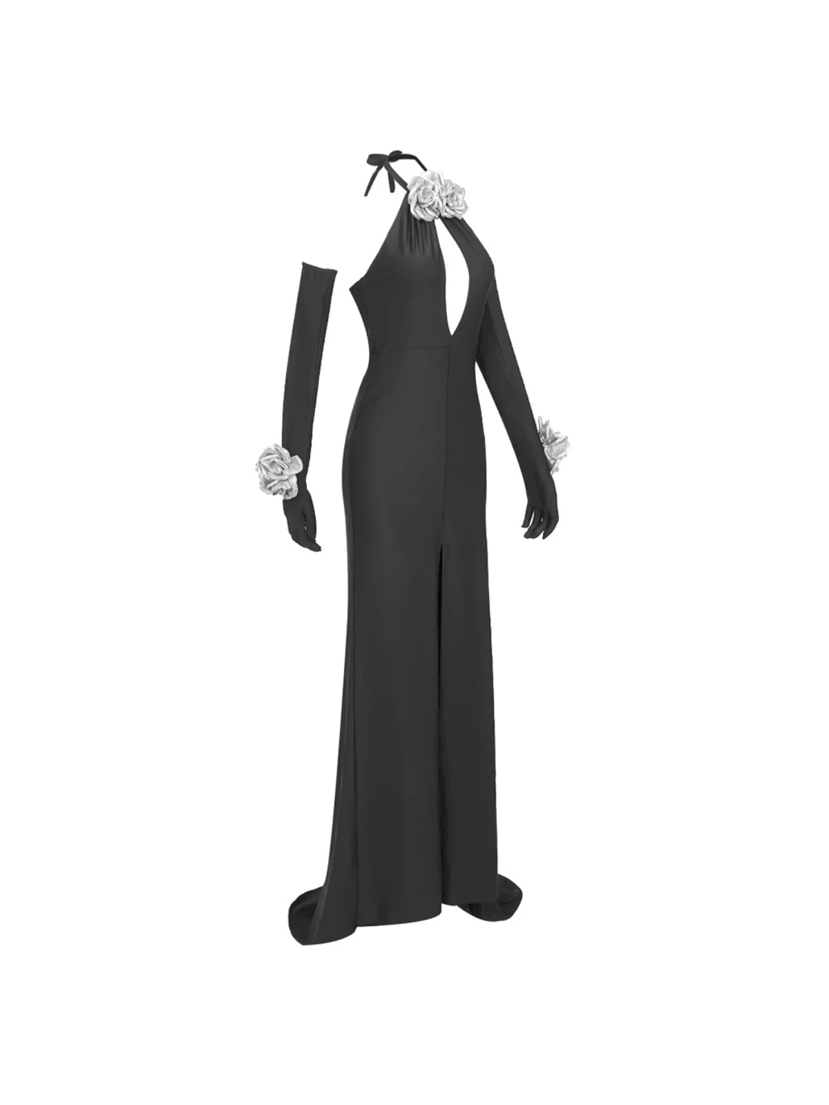 Elegant Halterneck Floral Split Maxi Dress with Gloves