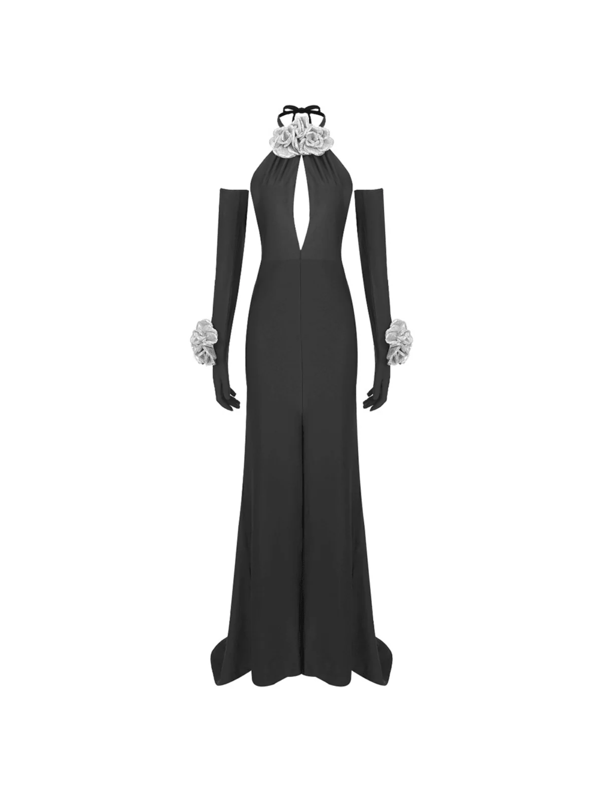 Elegant Halterneck Floral Split Maxi Dress with Gloves