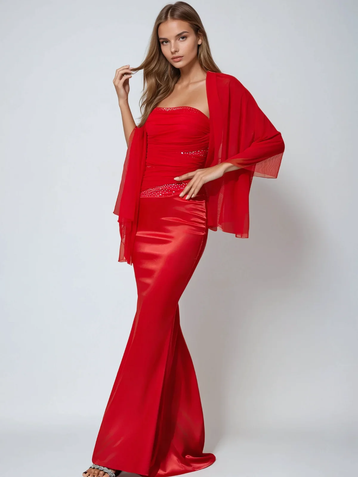 Elegant Crystal Satin Maxi Dress - Strapless Design