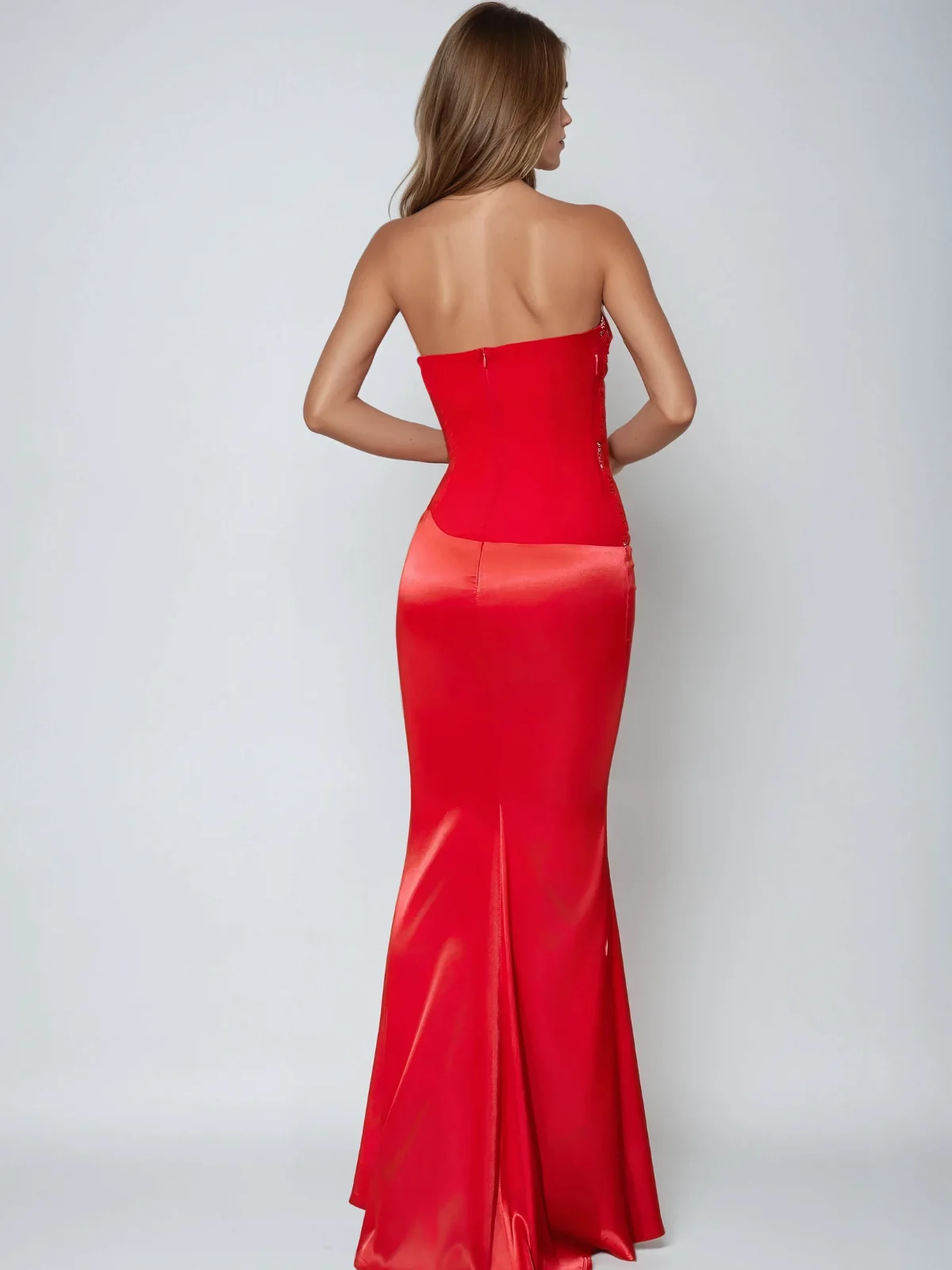 Elegant Crystal Satin Maxi Dress - Strapless Design