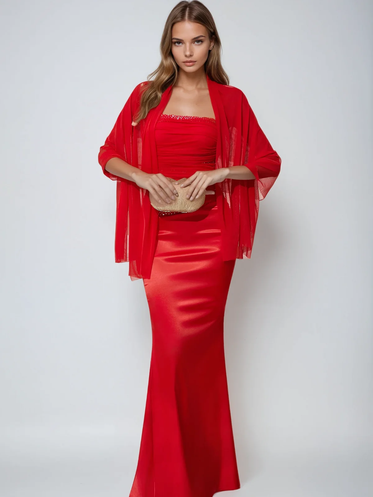 Elegant Crystal Satin Maxi Dress - Strapless Design