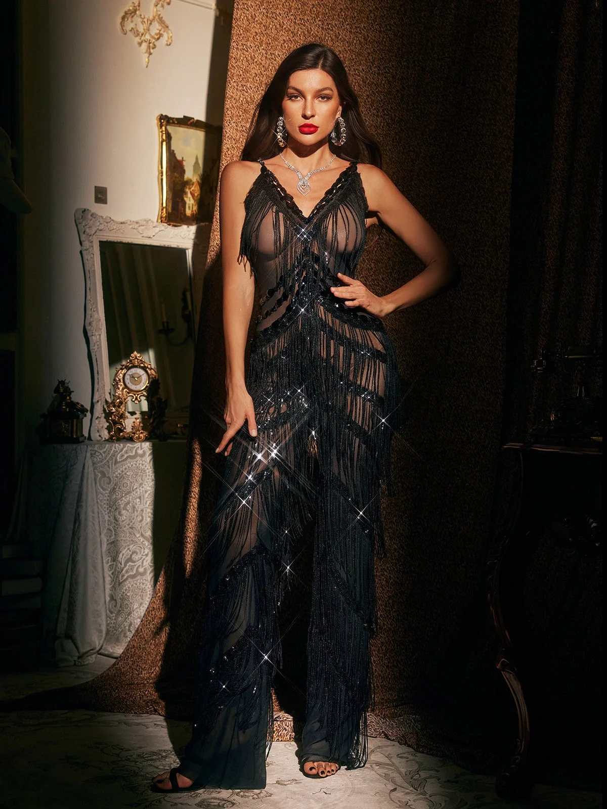 Black Rhinestone Fringe V-Neck Jumpsuit