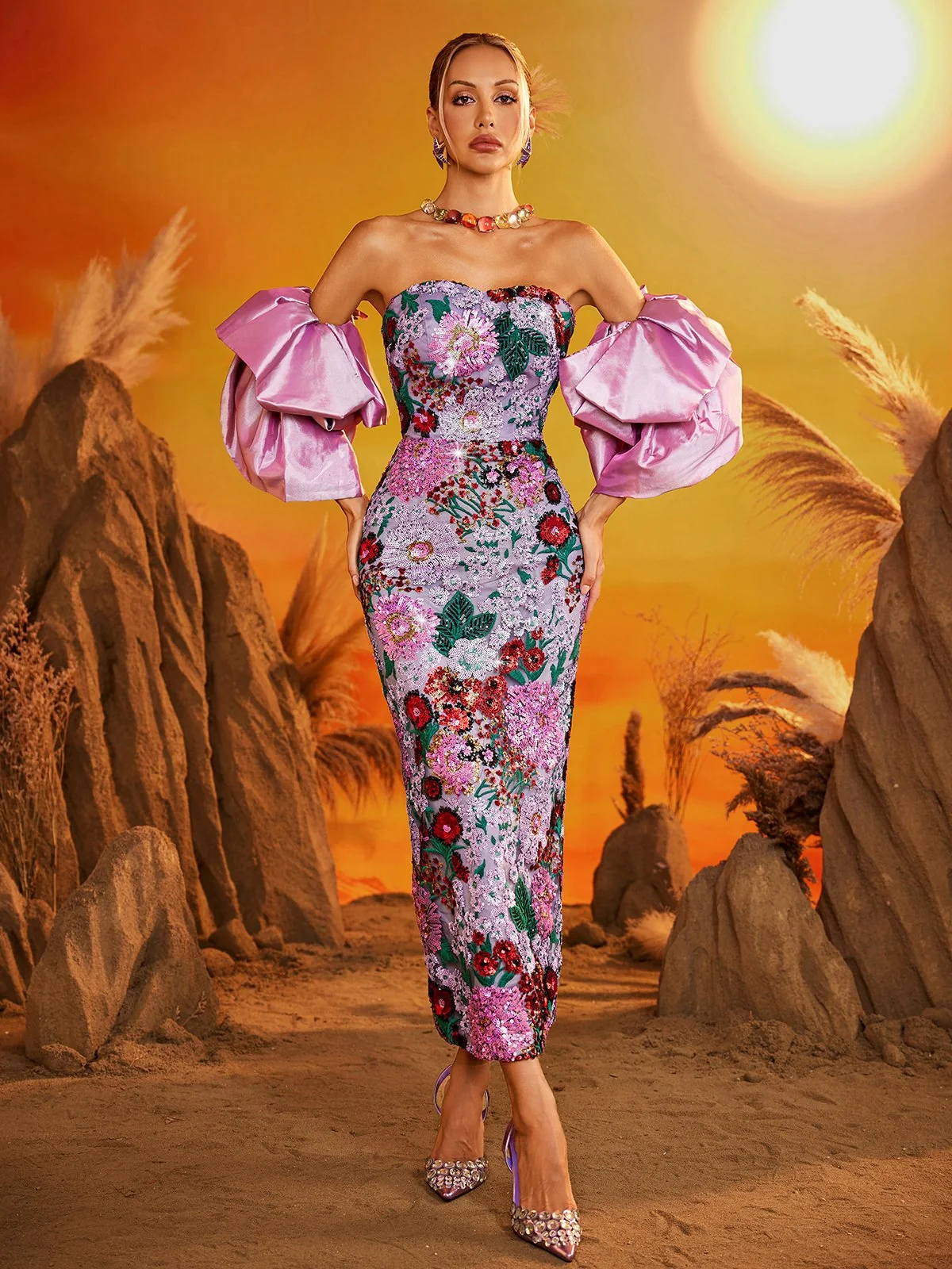 Purple Floral Midi Dress with Puff Sleeves