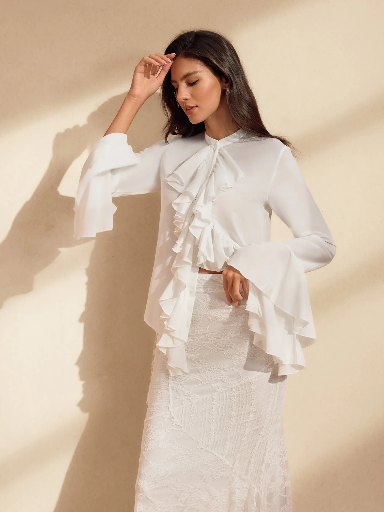 White Ruffled Long Sleeve Top for Women