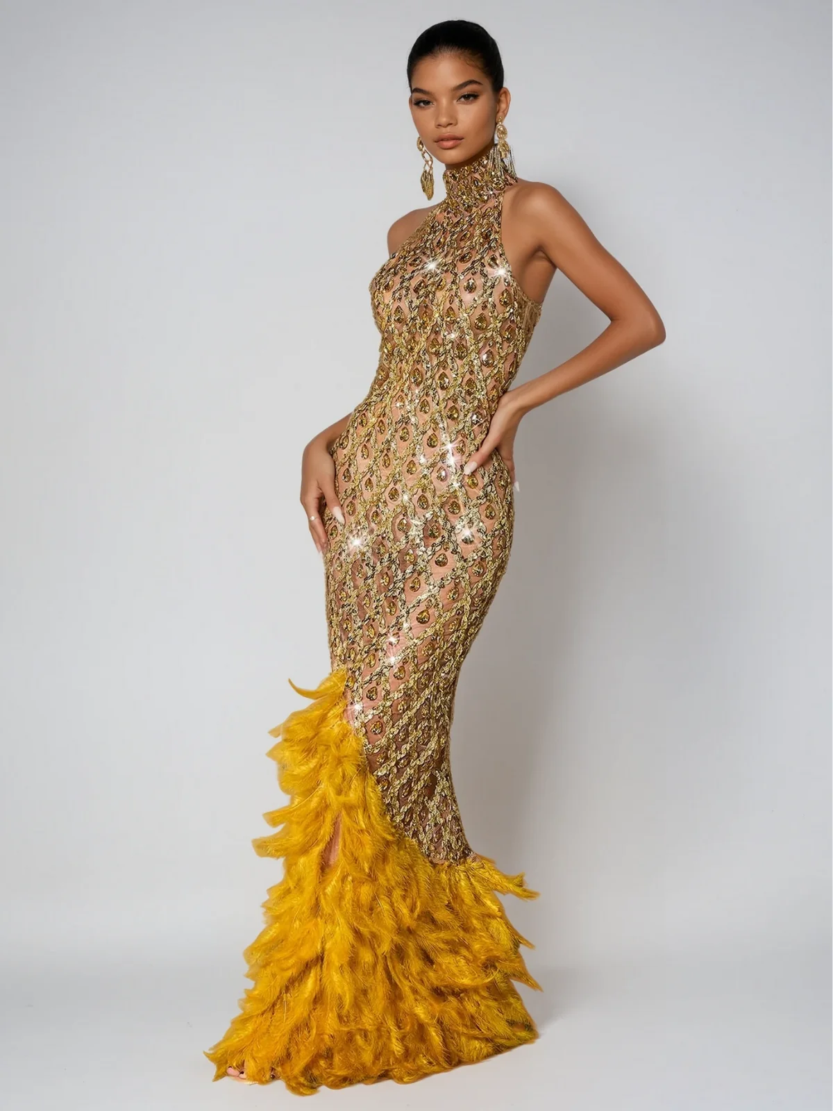 Gold Crystal Feather Mesh Maxi Dress - Elegant Special Occasion Attire