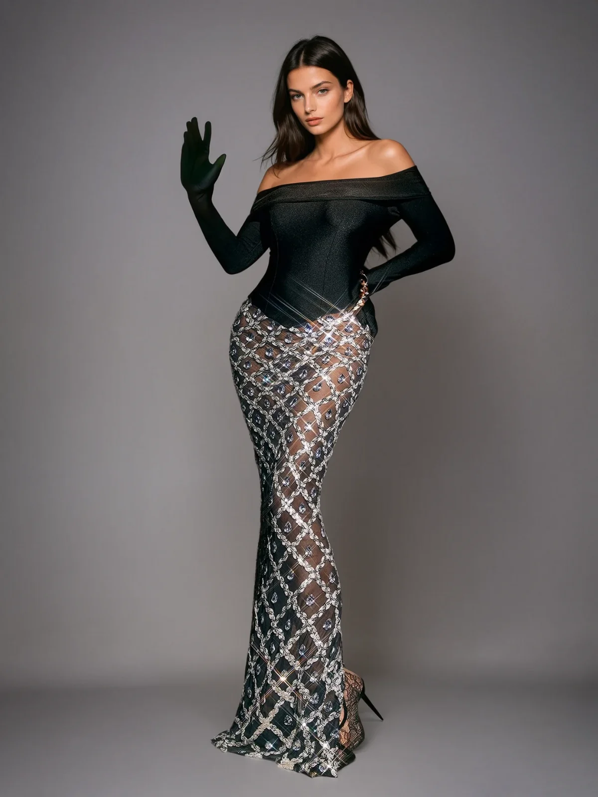 Elegant Mesh Off Shoulder Embellished Maxi Prom Dress