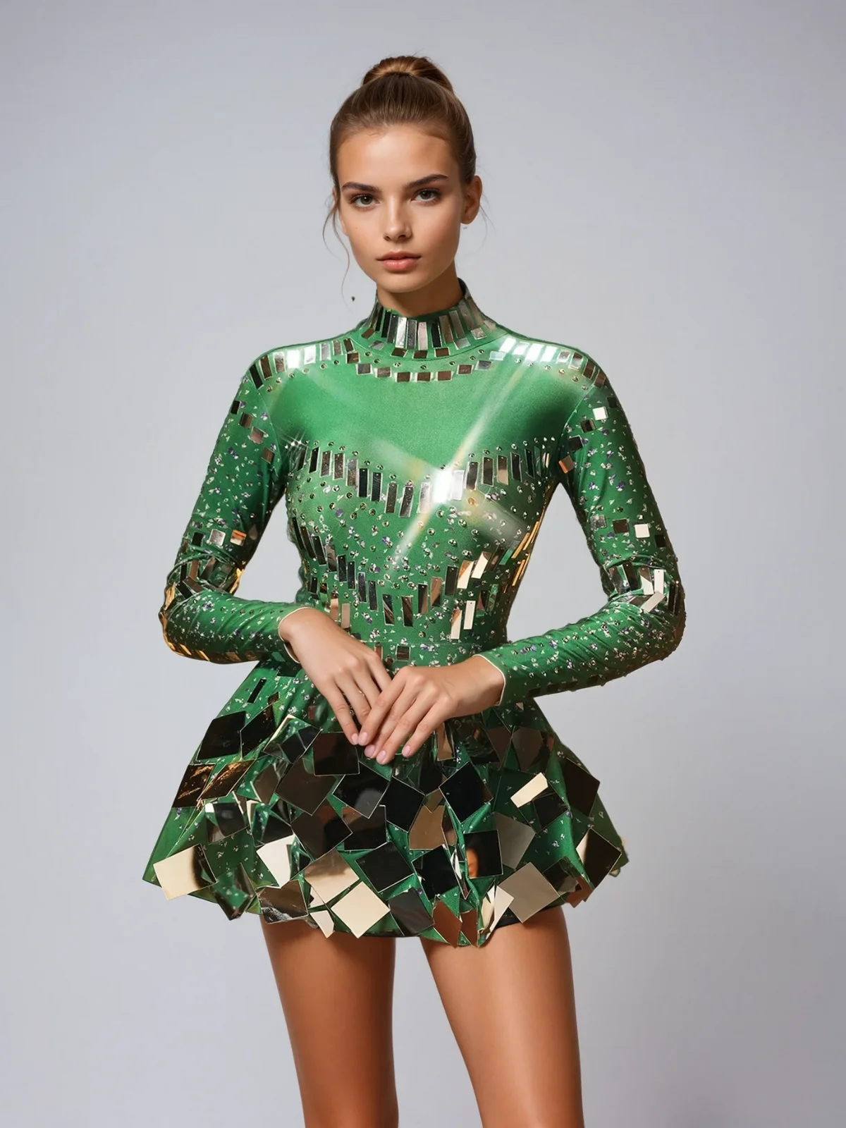 Green Embellished Long Sleeve Mini Dress - Elegant Cocktail Attire