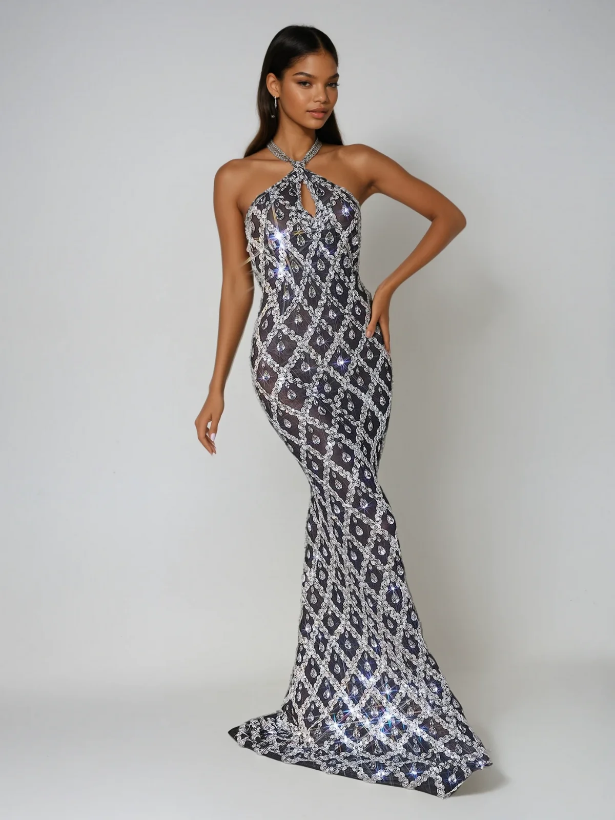 Black Sequin Crystal Backless Maxi Dress with Elegant Design