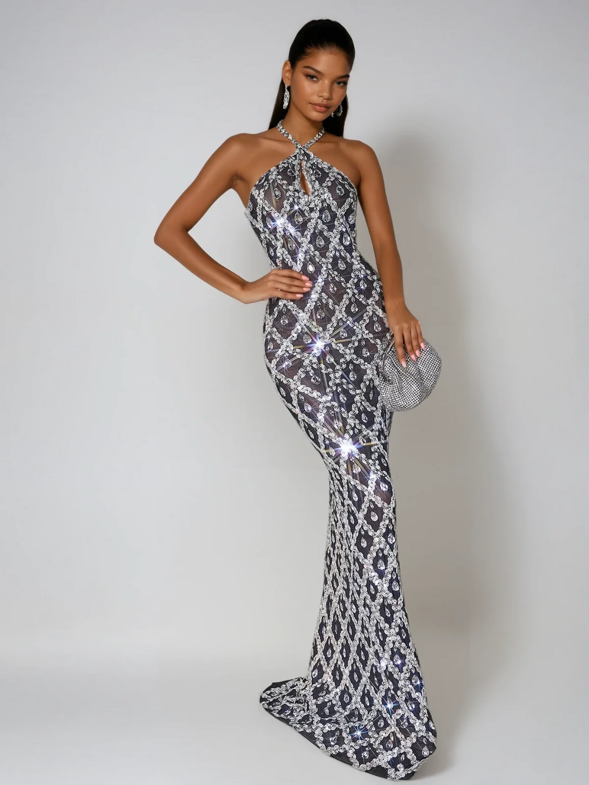 Black Sequin Crystal Backless Maxi Dress with Elegant Design