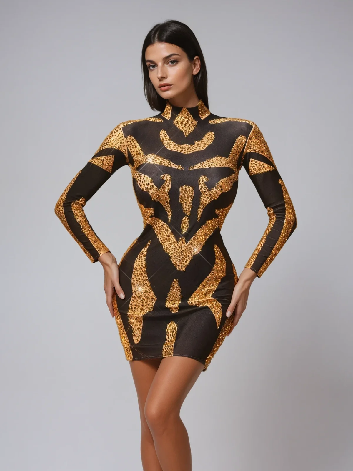 Sparkling Rhinestone High Neck Mini Dress