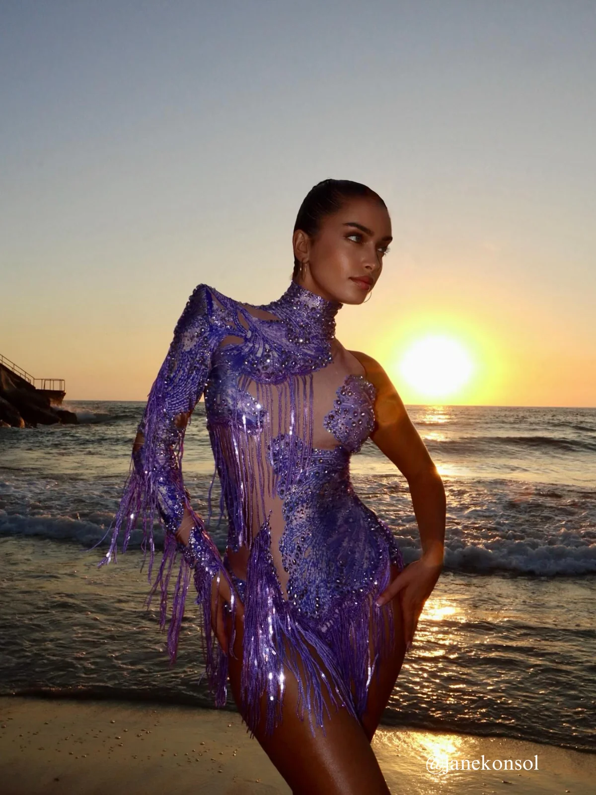 Purple Rhinestone Fringe Jumpsuit with One Shoulder Detail