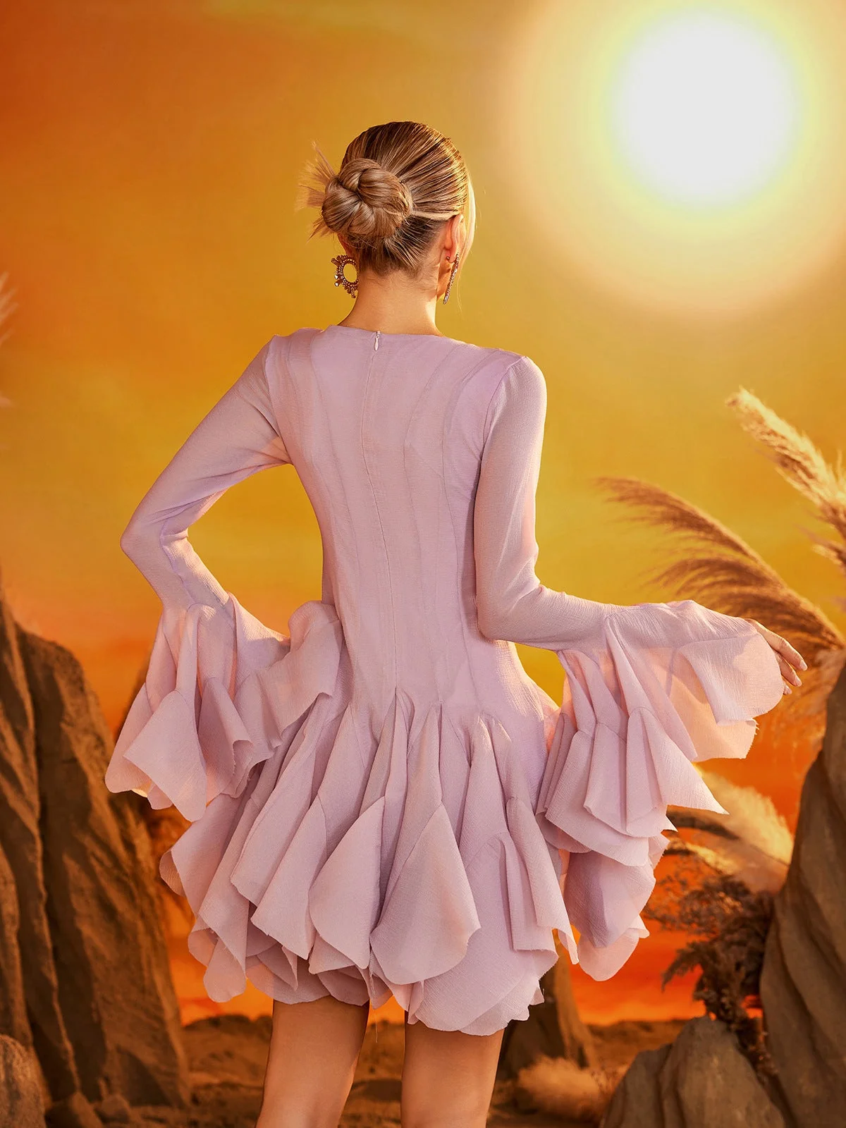 Pink Flare Sleeve Ruffle Mini Dress - Elegant French Style