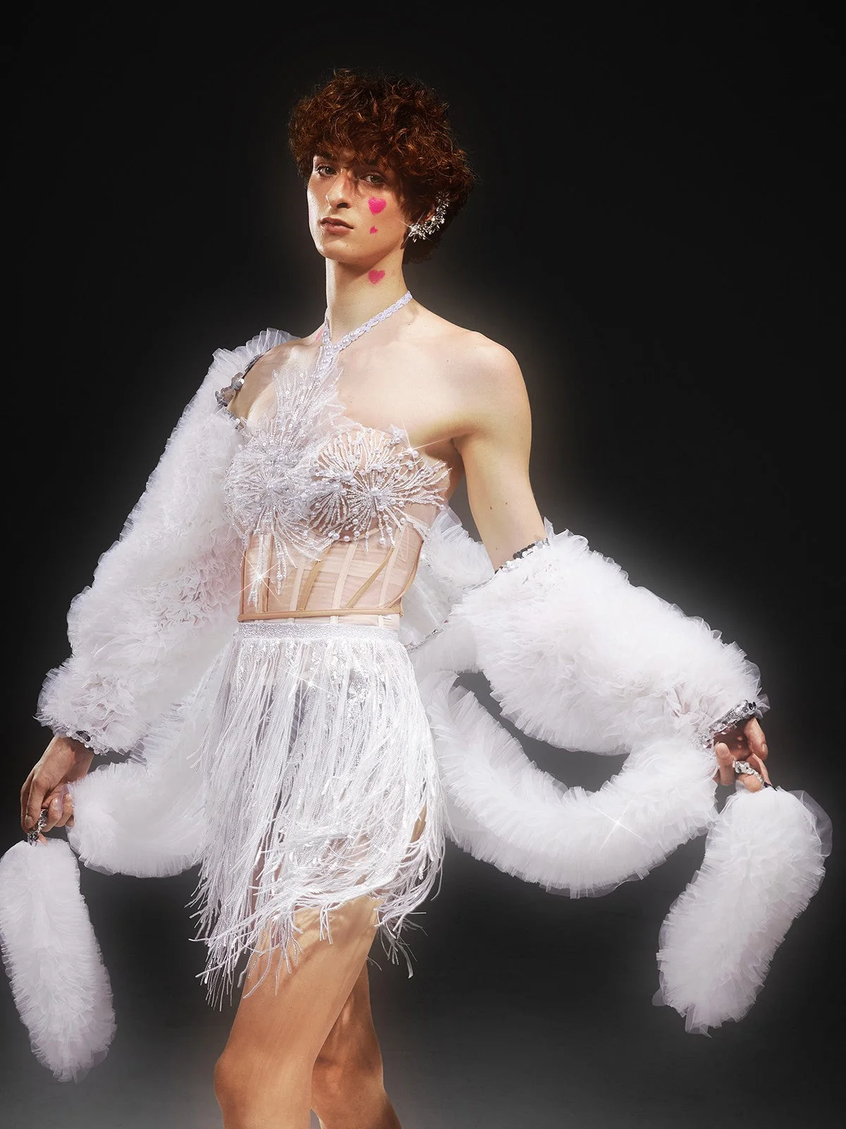 White Sequin Fringe Mesh Halter Neck Dress