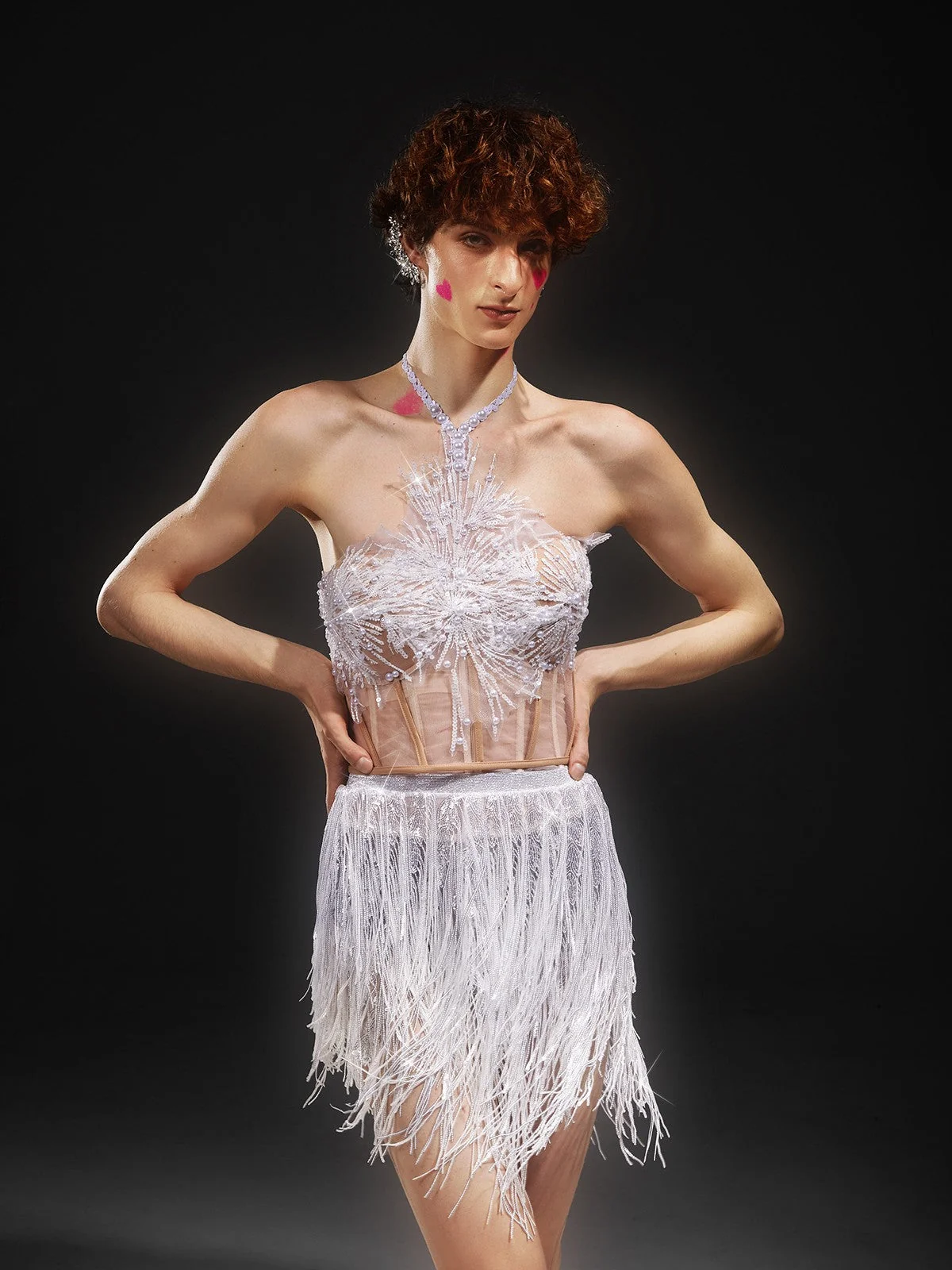 White Sequin Fringe Mesh Halter Neck Dress