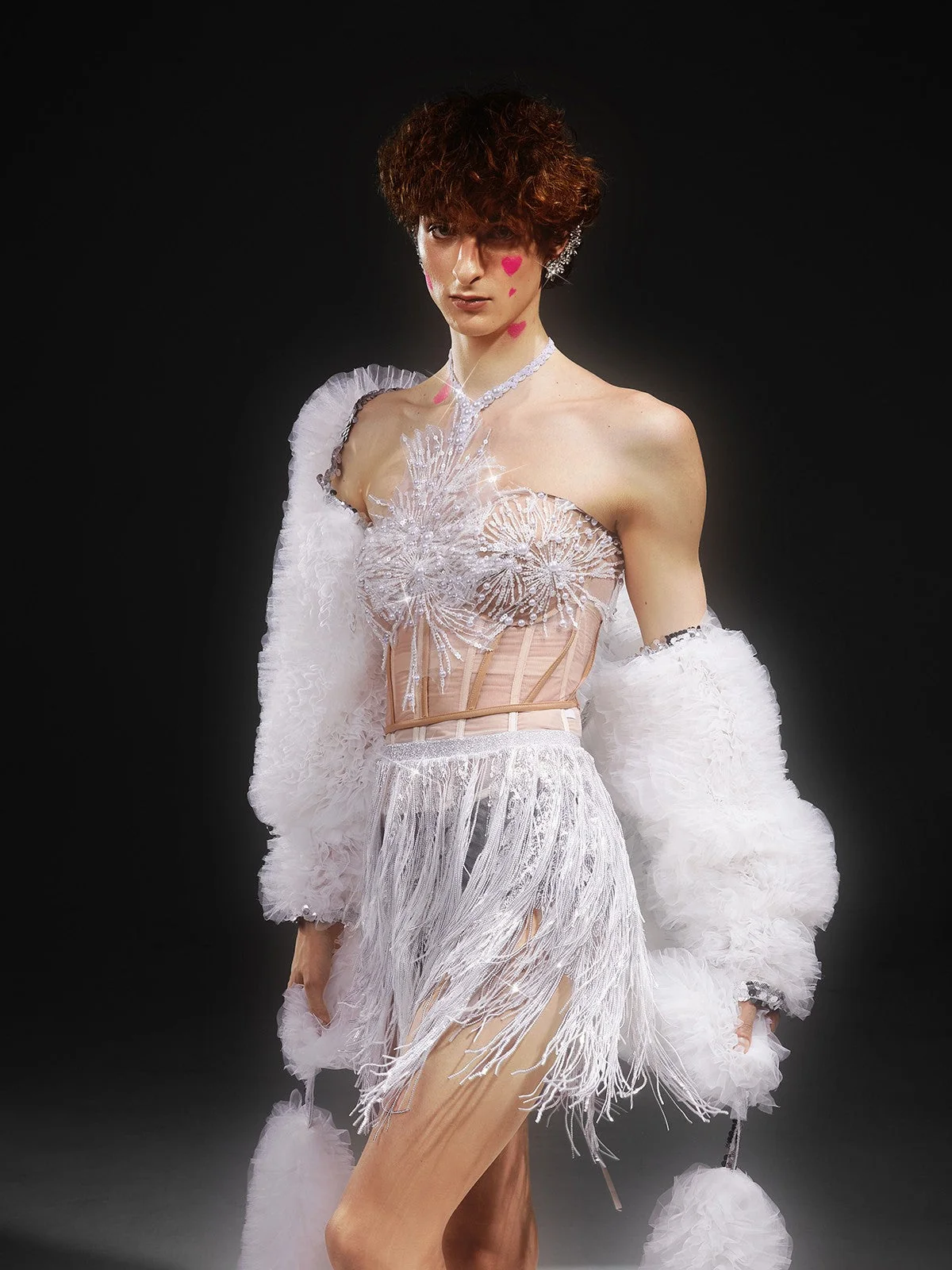 White Sequin Fringe Mesh Halter Neck Dress