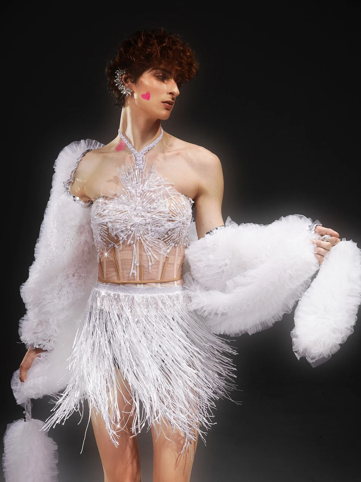 White Sequin Fringe Mesh Halter Neck Dress