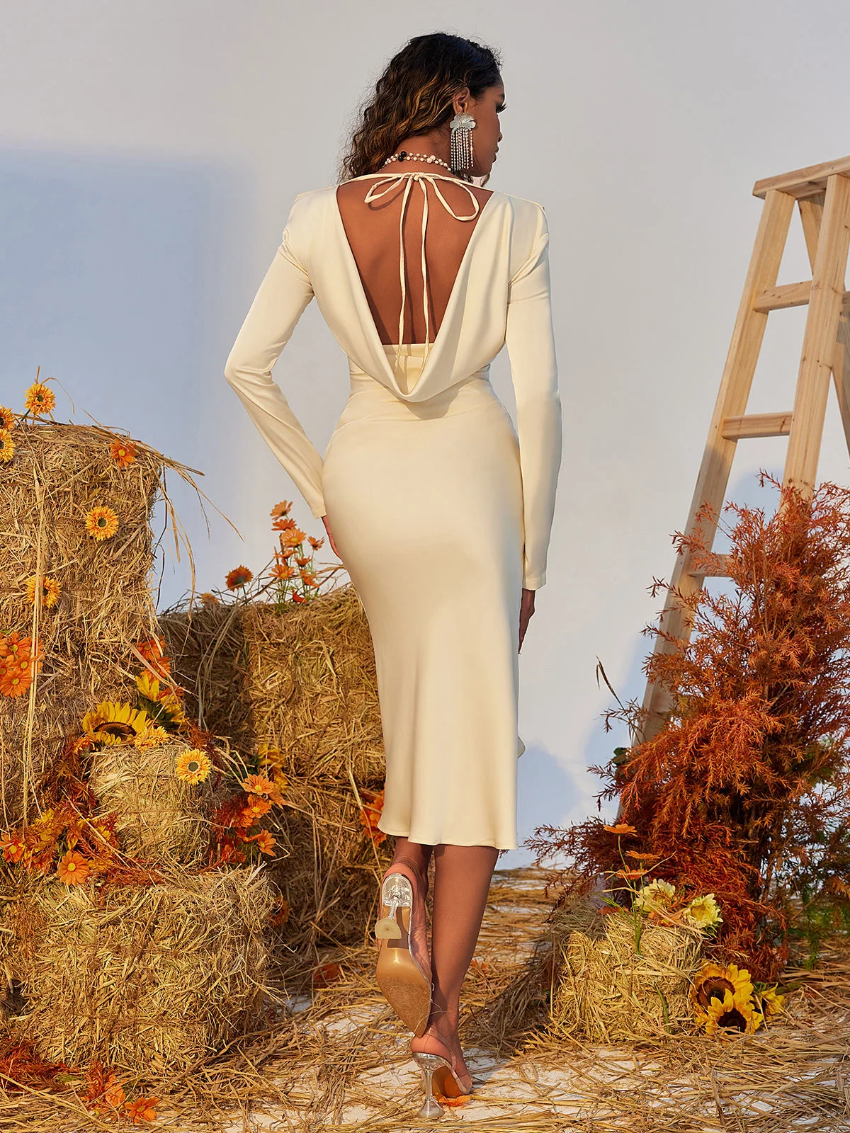 White Satin Backless Long Sleeve Midi Dress - Elegant Gown for Formal Events